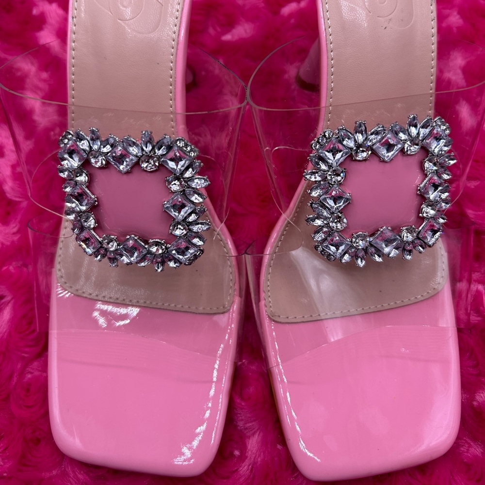 Women’s Pink Heel Sandal Slip on w/Square Rhinestones on Clear Open Toe Instep